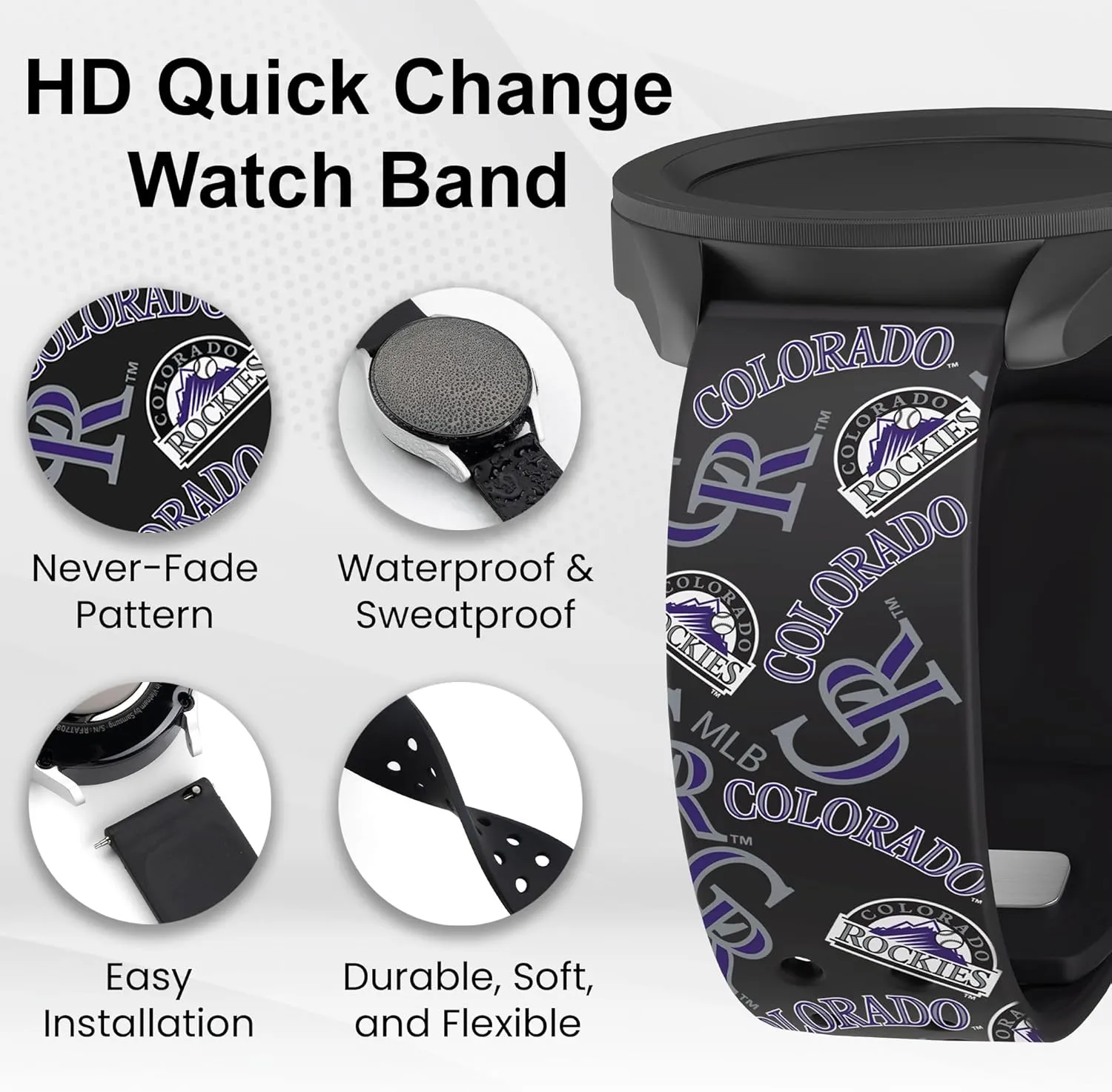 Game Time Colorado Rockies Quick Change HD Watch Band Compatible with Samsung and More