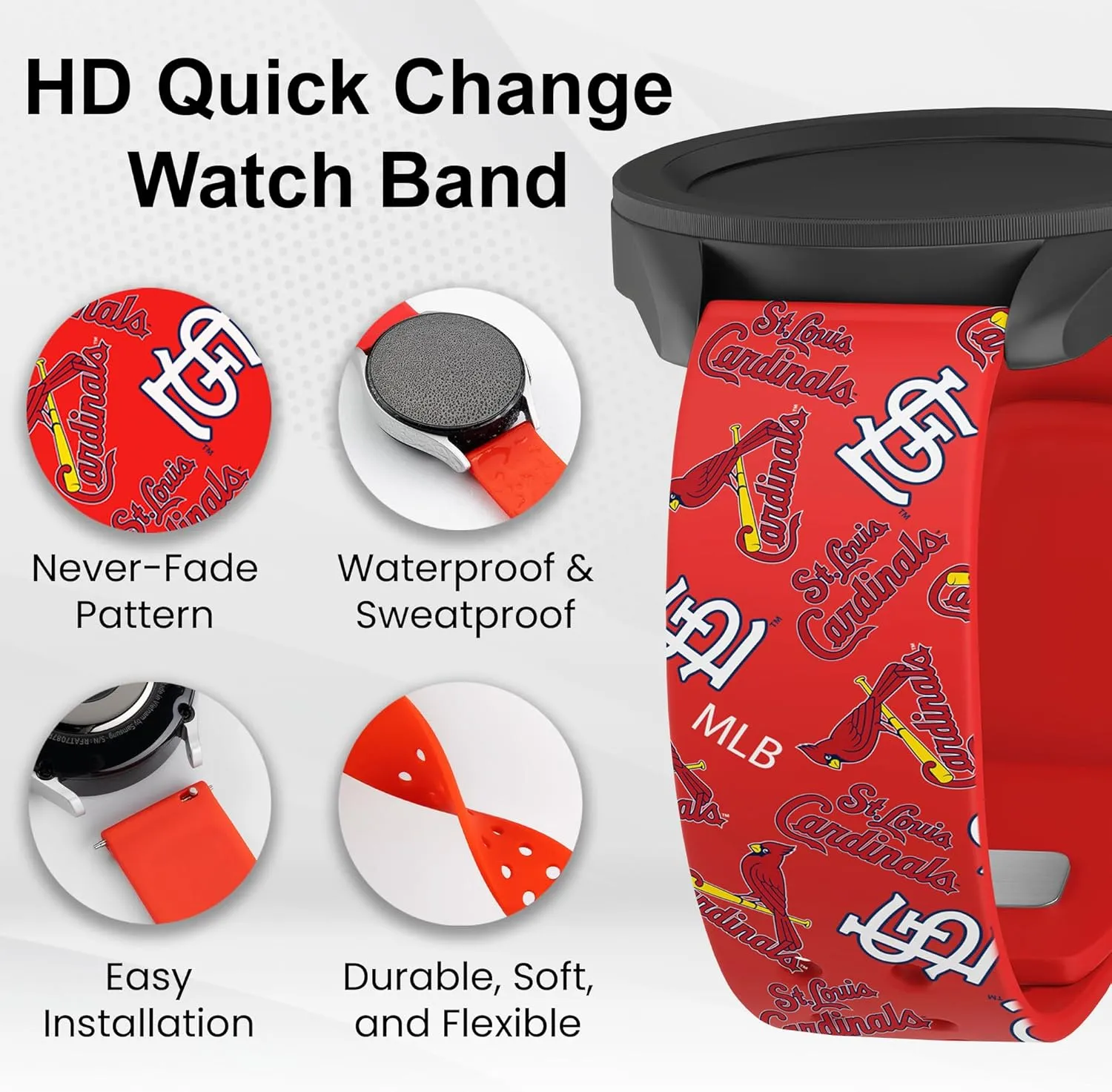 Game Time St. Louis Cardinals Quick Change HD Watch Band Compatible with Samsung and More
