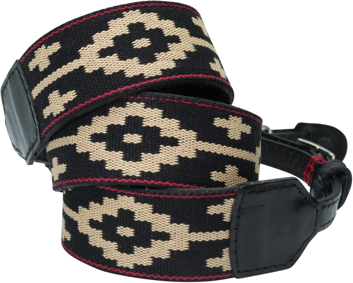 Gaucho Leather Camera Neck/Shoulder Strap Black & Tan; W/Red stitching Fits Most Mounts, Adjustable