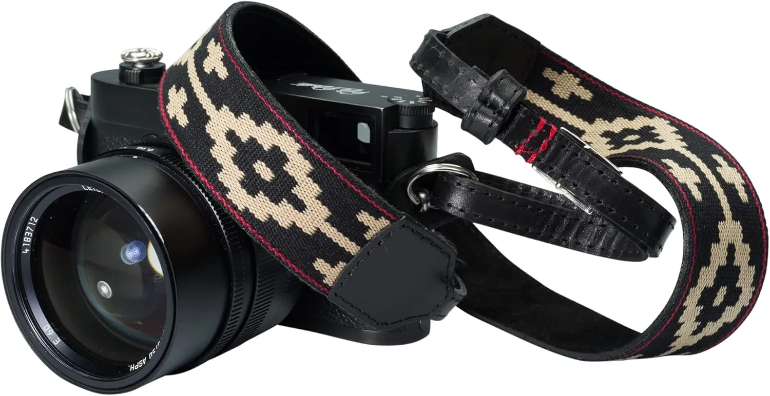 Gaucho Leather Camera Neck/Shoulder Strap Black & Tan; W/Red stitching Fits Most Mounts, Adjustable