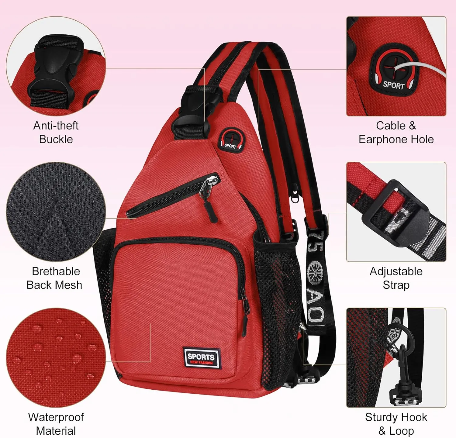 Geestock Crossbody Sling Bag Backpack for Men & Women, Convertible Shoulder Bag Waterproof Chest Bag for Daypack Travel Hiking (Red)
