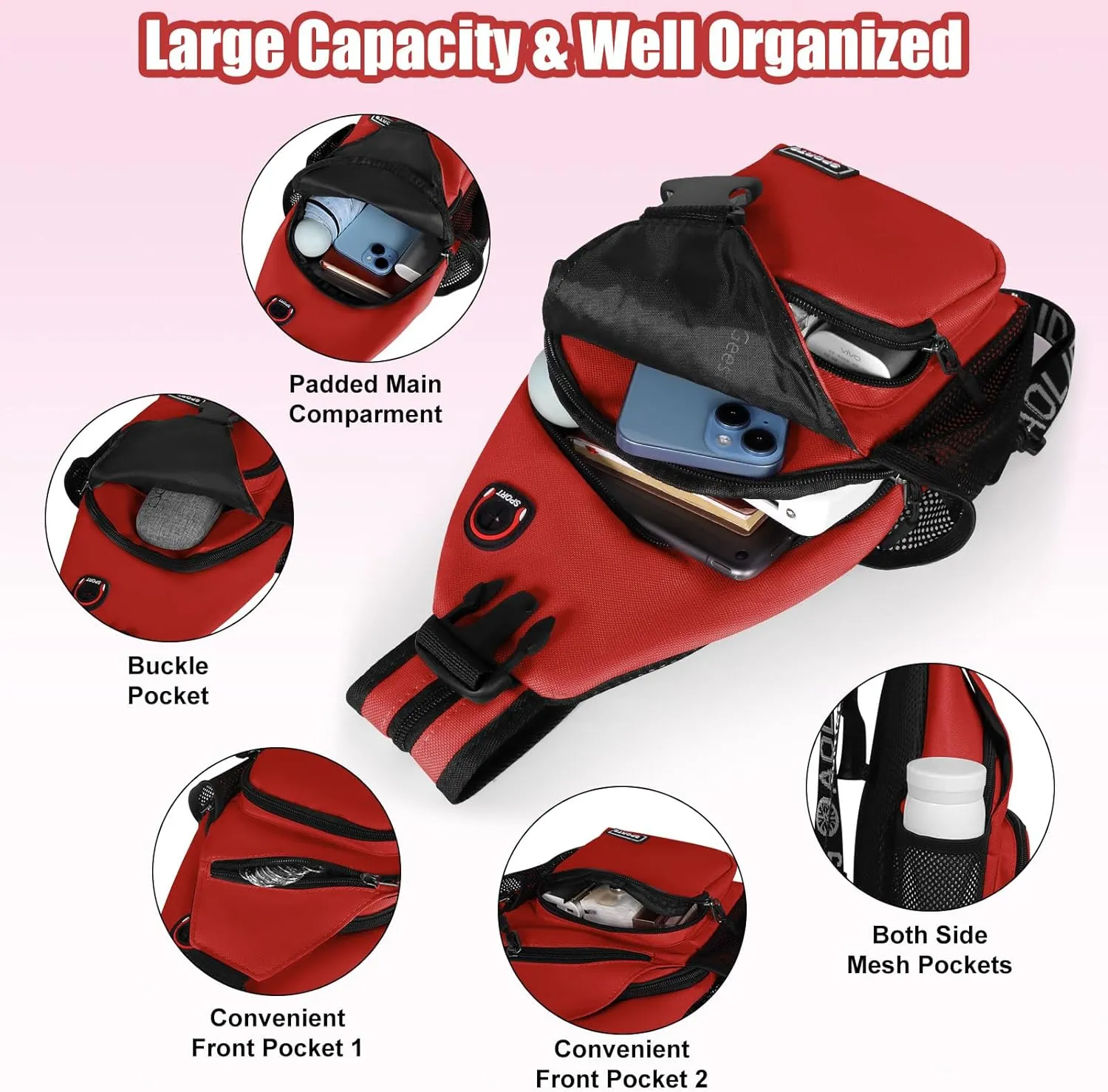 Geestock Crossbody Sling Bag Backpack for Men & Women, Convertible Shoulder Bag Waterproof Chest Bag for Daypack Travel Hiking (Red)