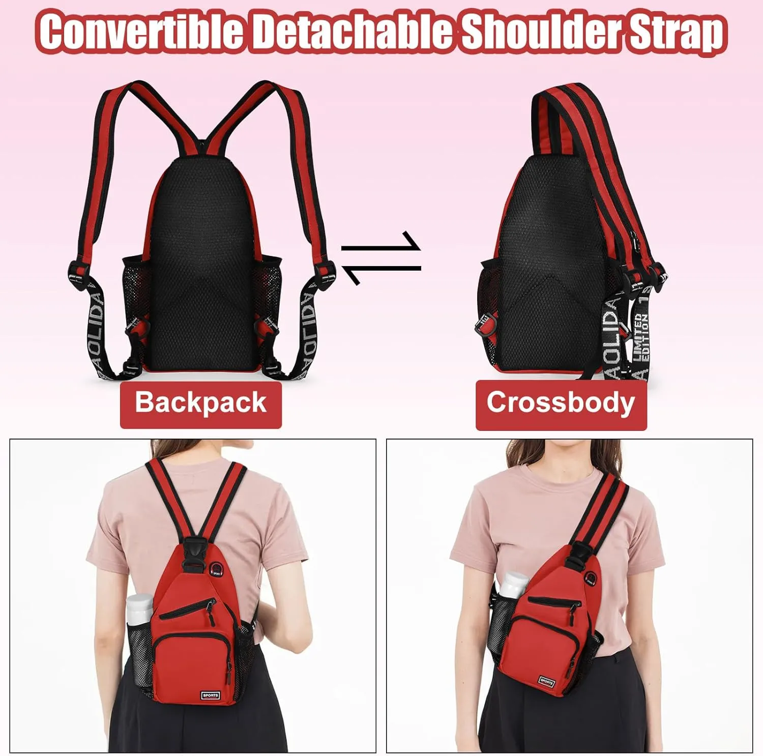 Geestock Crossbody Sling Bag Backpack for Men & Women, Convertible Shoulder Bag Waterproof Chest Bag for Daypack Travel Hiking (Red)