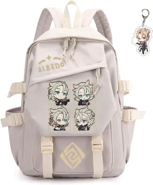 Genshin Impact Backpack Women Men Unisex Scaramouche Rucksack Hu Tao Xiao Bag Kawaii Backpack, Free Keychain (White-Albedo)