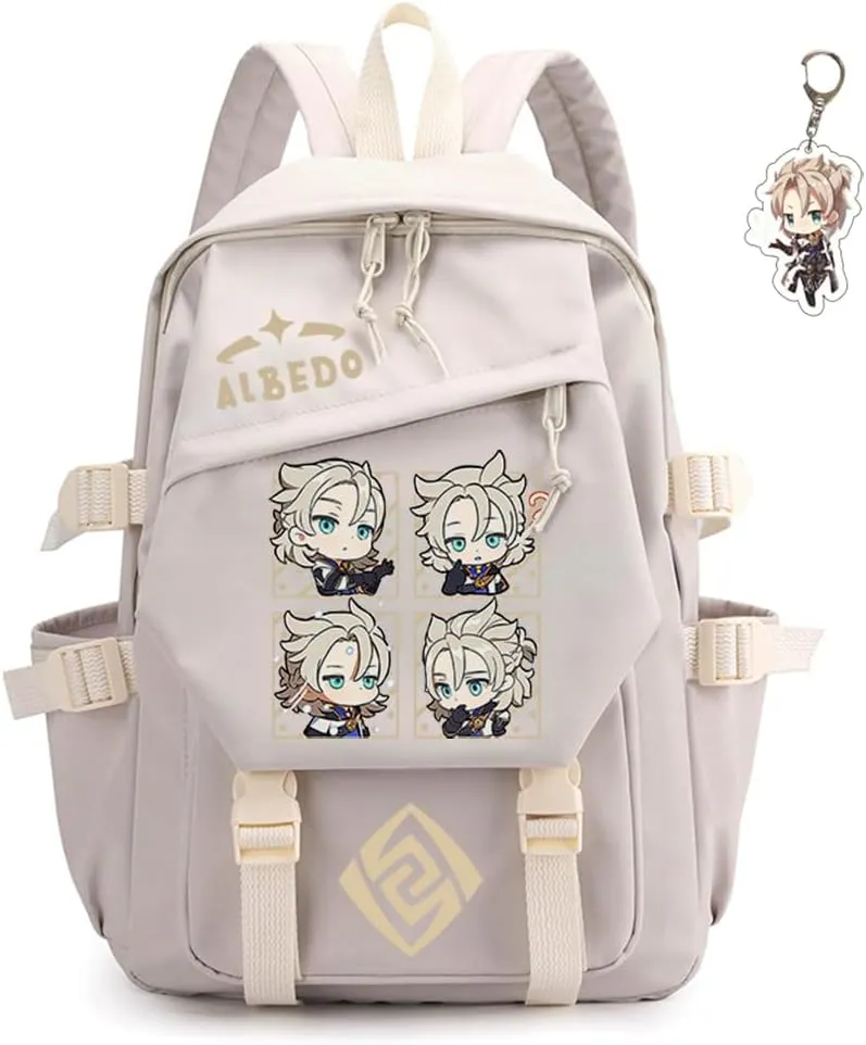 Genshin Impact Backpack Women Men Unisex Scaramouche Rucksack Hu Tao Xiao Bag Kawaii Backpack, Free Keychain (White-Albedo)