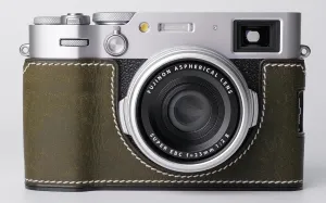 Genuine Leather Camera Half Case for Fujifilm X100VI - Top Layer Cowhide Body   Metal Base Plate - Hand Shank Free Design (Dark Green)