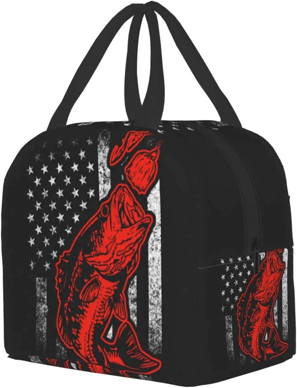 Giwawa Bass Fishing Lure And American Flag Lunch Bag Box Tote Organizer Lunch Container Insulated Zipper Meal Prep Cooler Handbag For Women Men Home School Office Outdoor Use