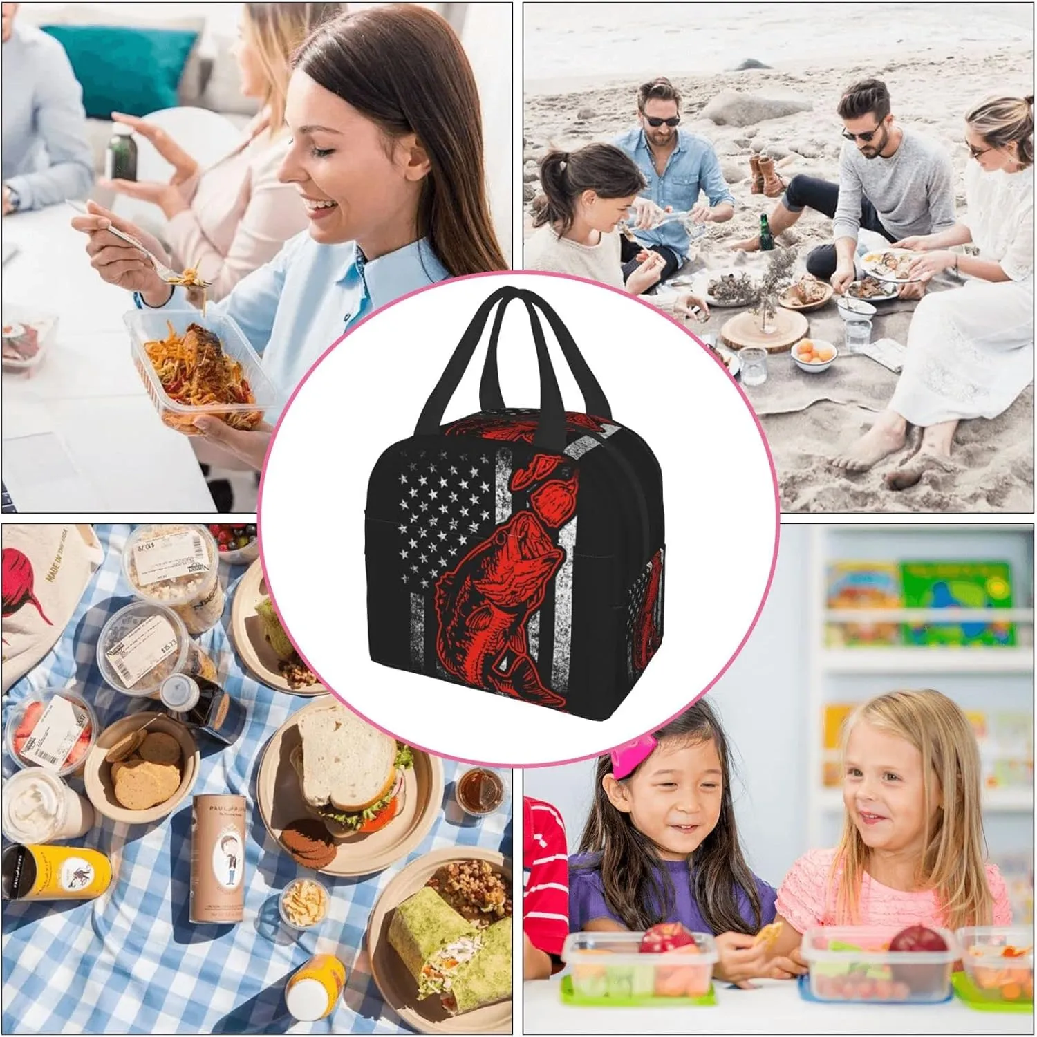 Giwawa Bass Fishing Lure And American Flag Lunch Bag Box Tote Organizer Lunch Container Insulated Zipper Meal Prep Cooler Handbag For Women Men Home School Office Outdoor Use