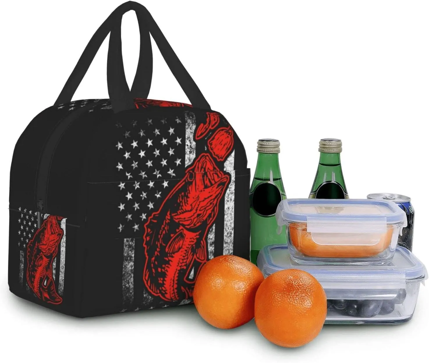 Giwawa Bass Fishing Lure And American Flag Lunch Bag Box Tote Organizer Lunch Container Insulated Zipper Meal Prep Cooler Handbag For Women Men Home School Office Outdoor Use