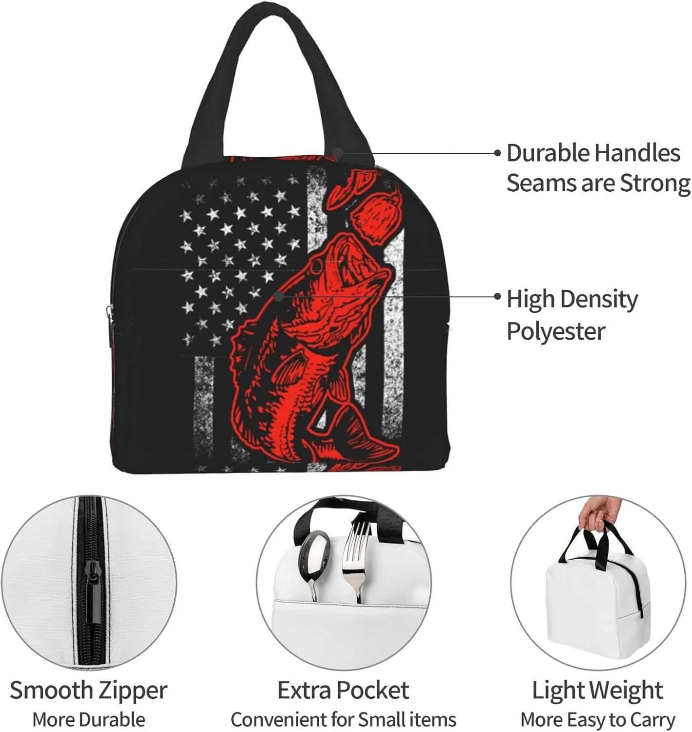Giwawa Bass Fishing Lure And American Flag Lunch Bag Box Tote Organizer Lunch Container Insulated Zipper Meal Prep Cooler Handbag For Women Men Home School Office Outdoor Use