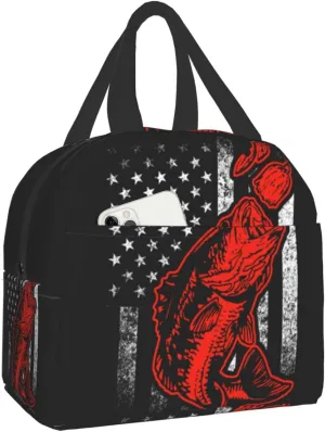 Giwawa Bass Fishing Lure And American Flag Lunch Bag Box Tote Organizer Lunch Container Insulated Zipper Meal Prep Cooler Handbag For Women Men Home School Office Outdoor Use
