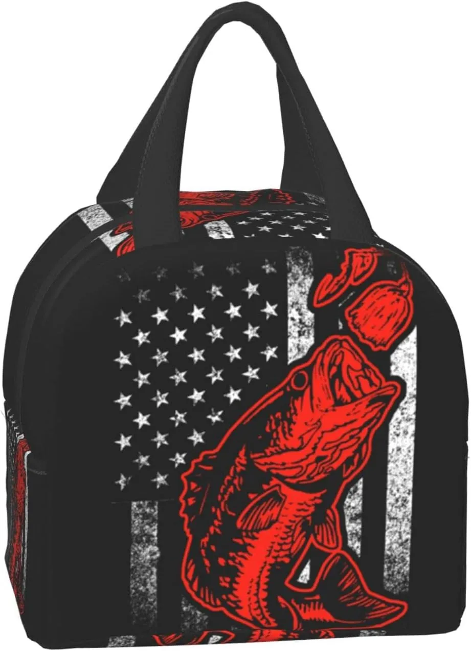 Giwawa Bass Fishing Lure And American Flag Lunch Bag Box Tote Organizer Lunch Container Insulated Zipper Meal Prep Cooler Handbag For Women Men Home School Office Outdoor Use