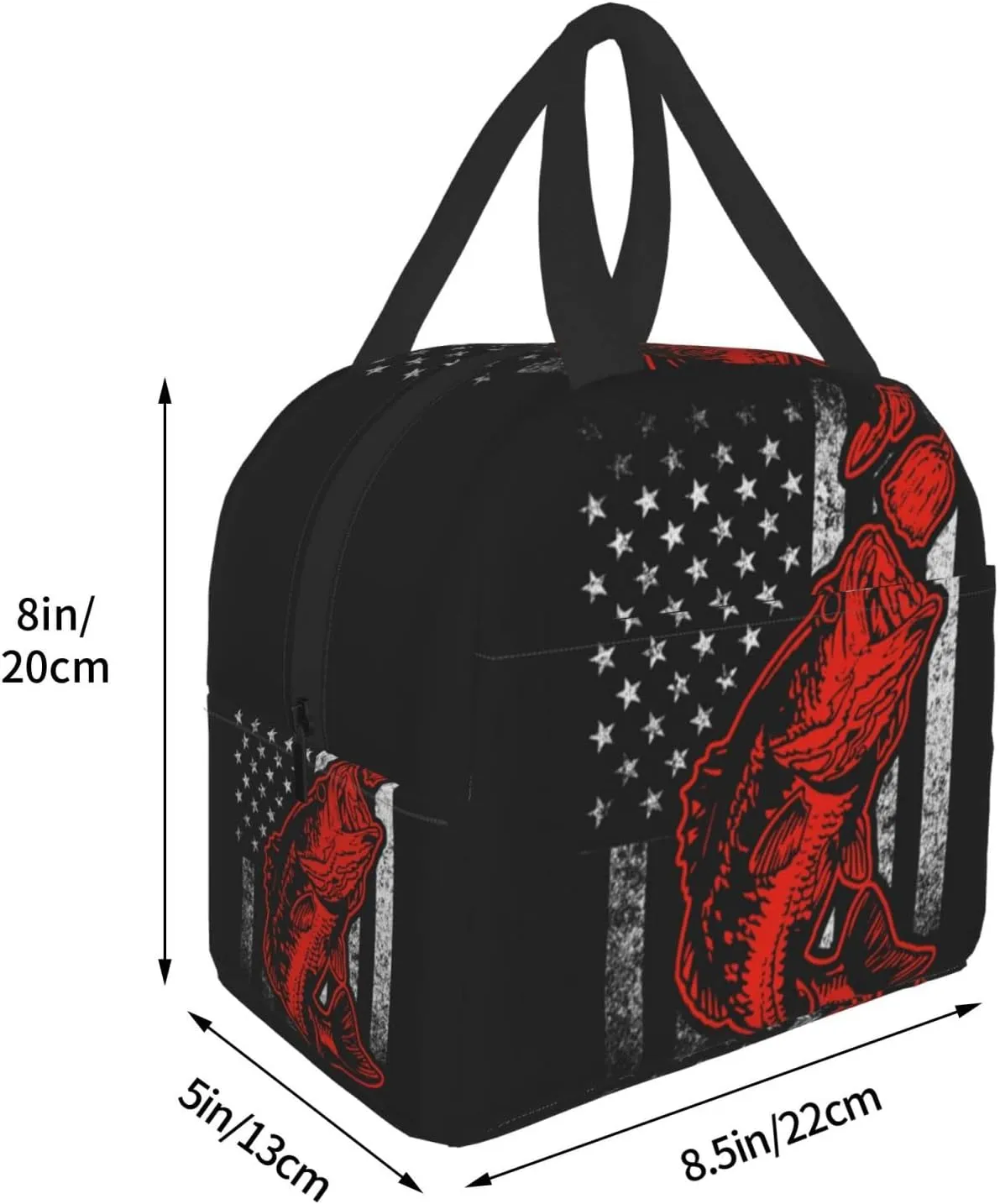 Giwawa Bass Fishing Lure And American Flag Lunch Bag Box Tote Organizer Lunch Container Insulated Zipper Meal Prep Cooler Handbag For Women Men Home School Office Outdoor Use