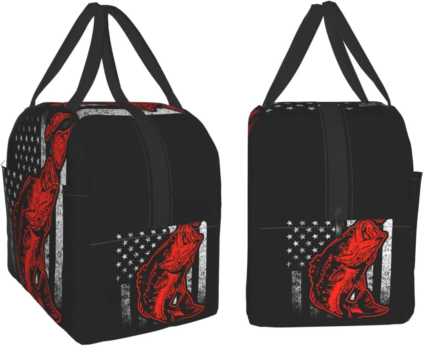 Giwawa Bass Fishing Lure And American Flag Lunch Bag Box Tote Organizer Lunch Container Insulated Zipper Meal Prep Cooler Handbag For Women Men Home School Office Outdoor Use