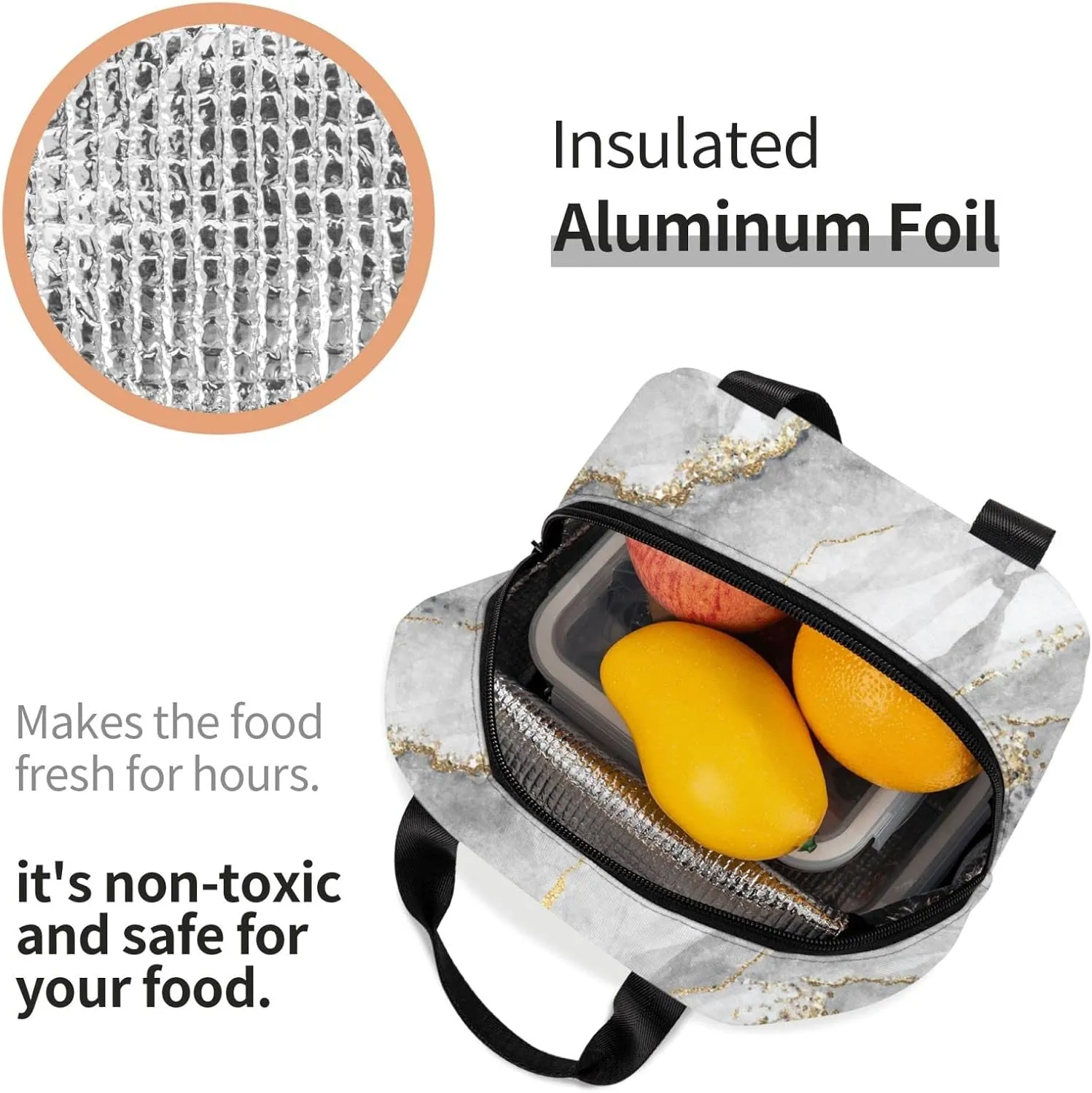 Giwawa Grey Marble Insulated Lunch Bag Reusable Lunch Box Meal Handbag Portable Tote Unisex Waterproof Picnic Meal for School Office