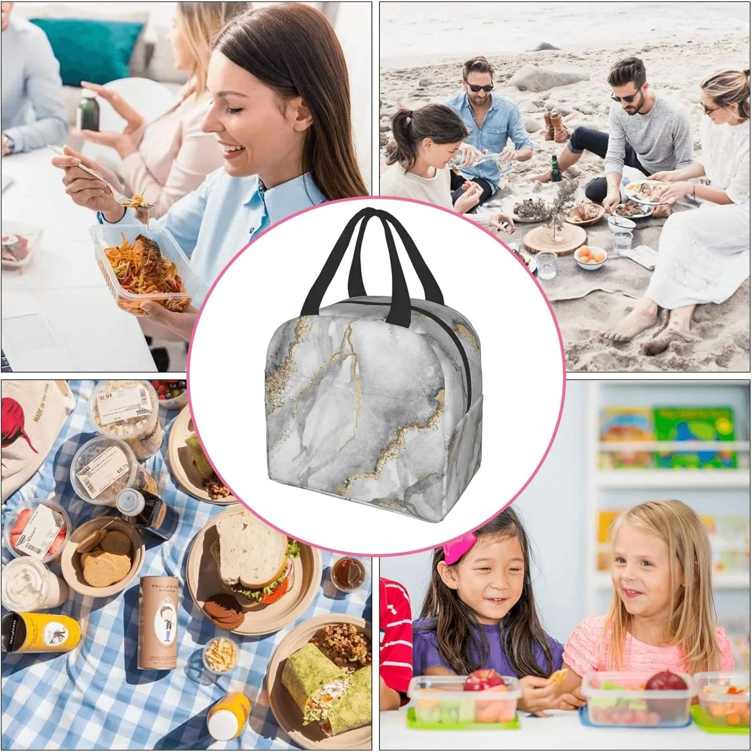 Giwawa Grey Marble Insulated Lunch Bag Reusable Lunch Box Meal Handbag Portable Tote Unisex Waterproof Picnic Meal for School Office