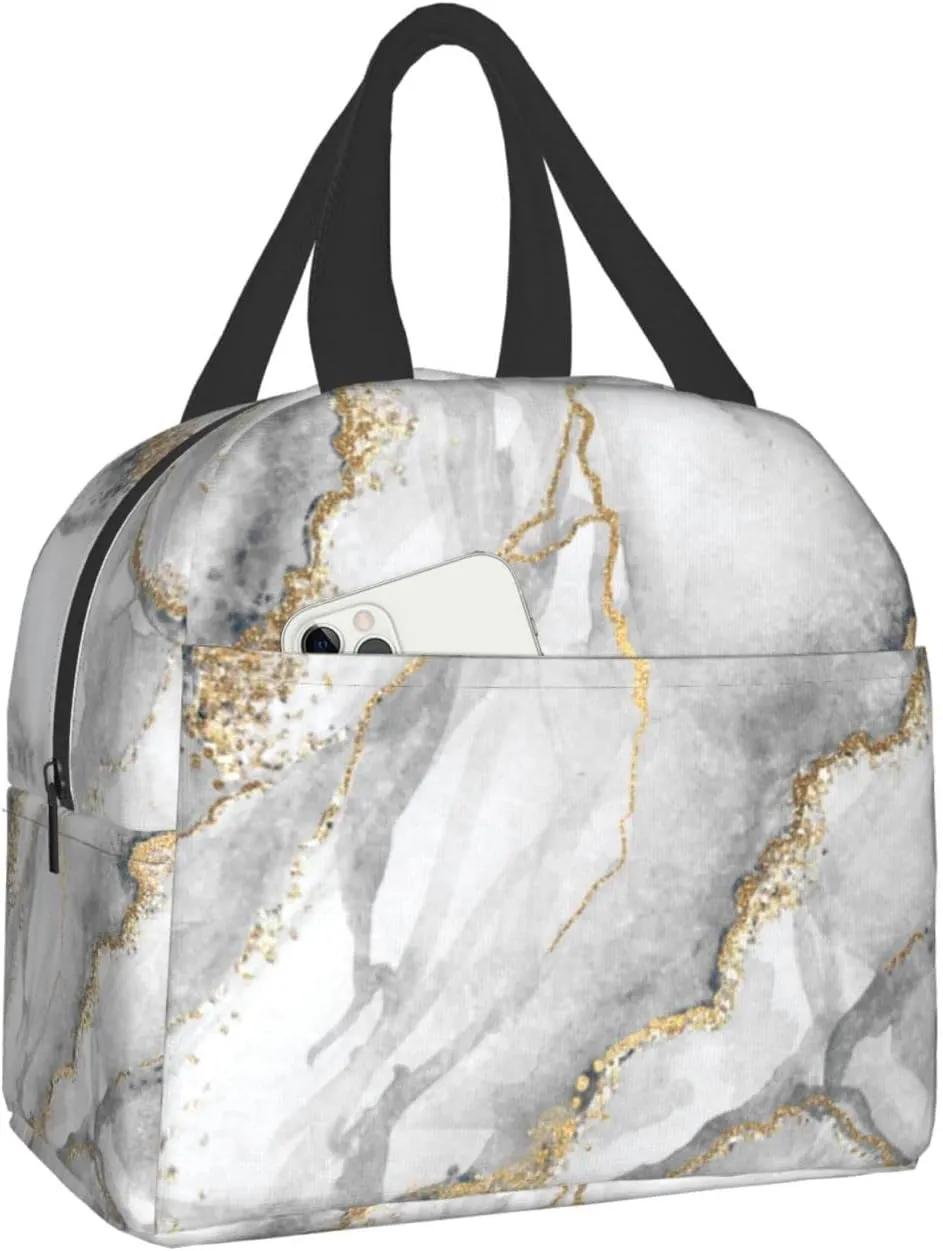 Giwawa Grey Marble Insulated Lunch Bag Reusable Lunch Box Meal Handbag Portable Tote Unisex Waterproof Picnic Meal for School Office