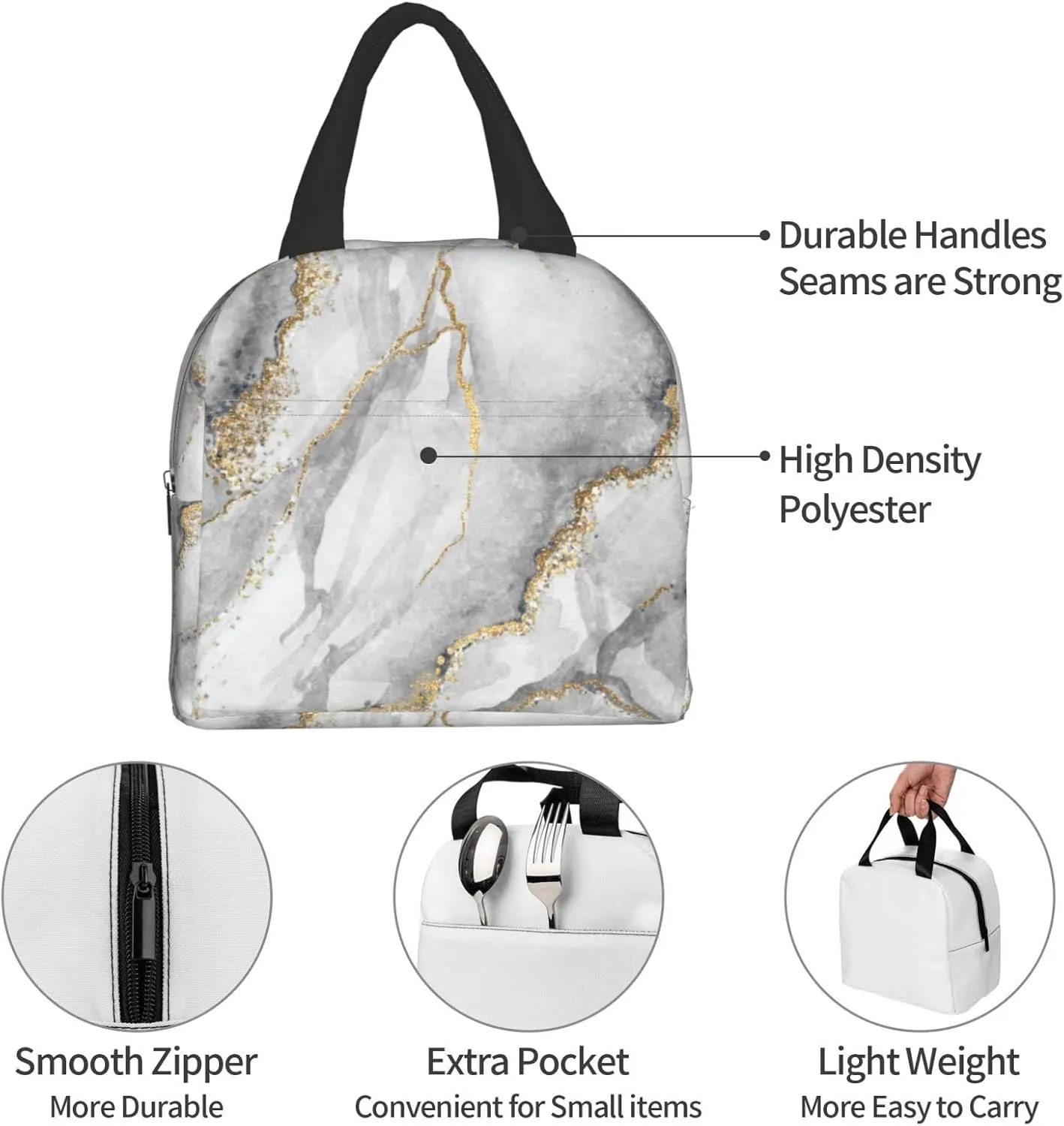 Giwawa Grey Marble Insulated Lunch Bag Reusable Lunch Box Meal Handbag Portable Tote Unisex Waterproof Picnic Meal for School Office