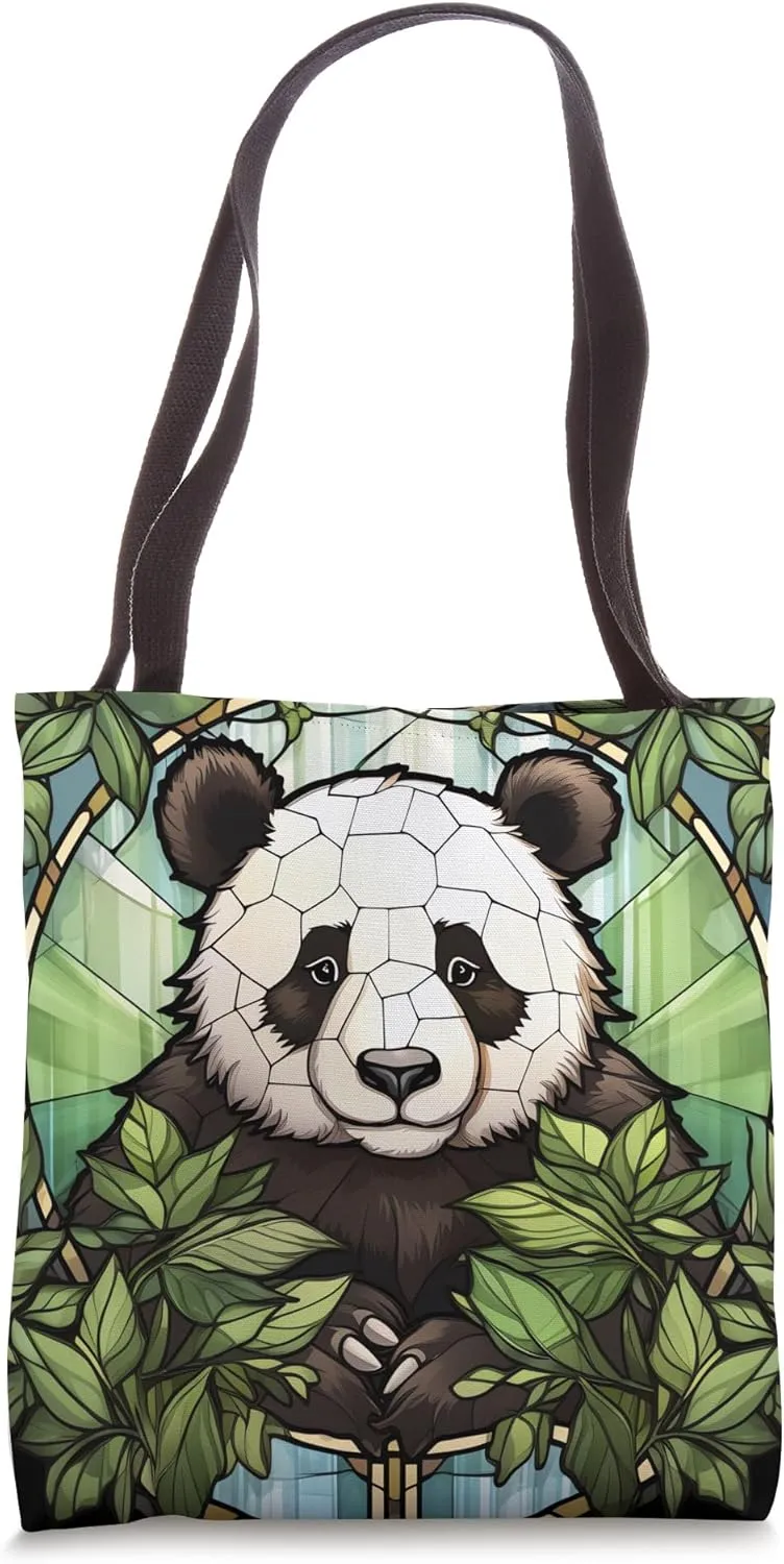 Glassy Wilderness Stained Glass Art with Pandas Tote Bag