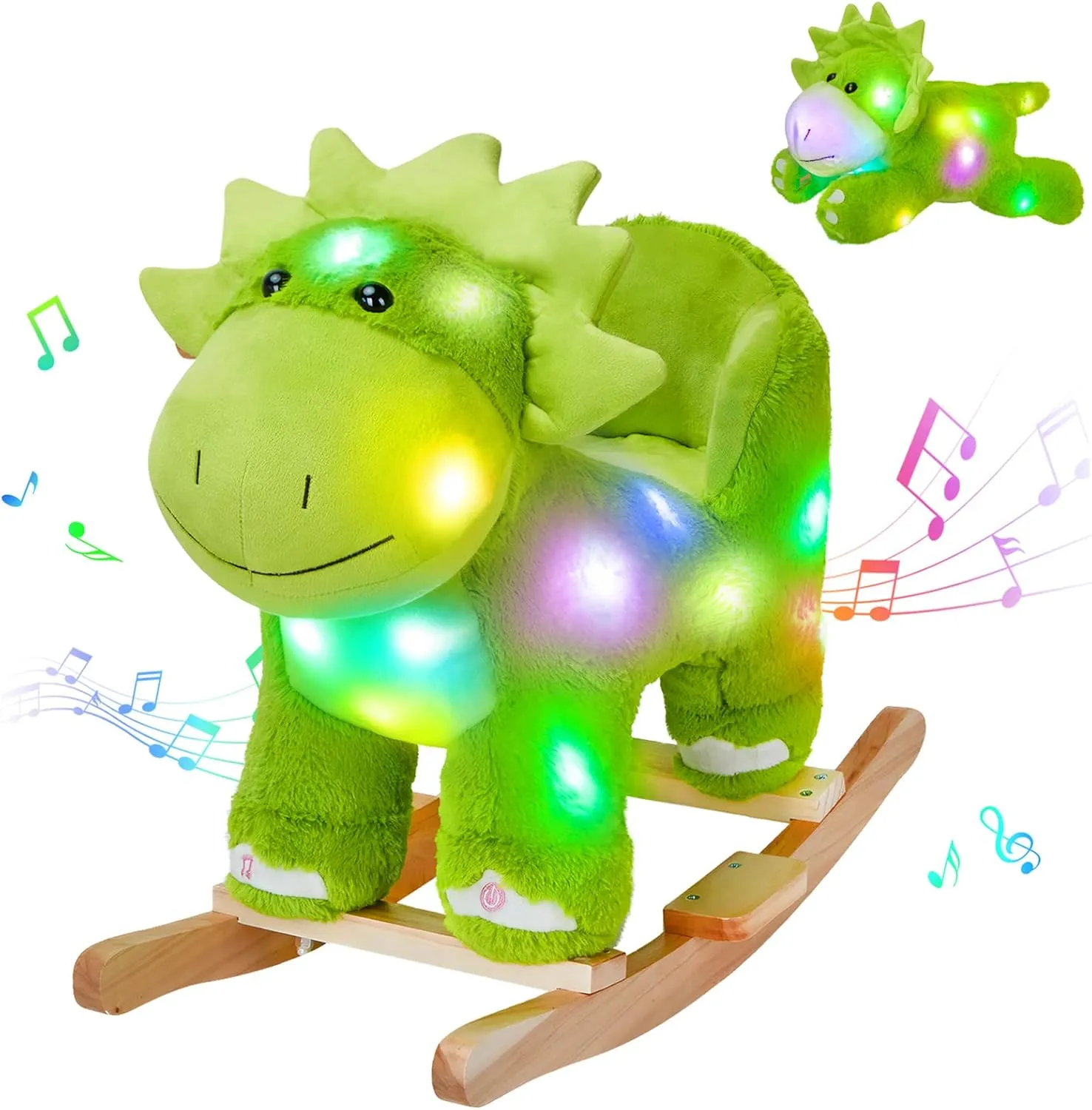 Glow Guards Light up Music Dinosaur Rocking Horse Stuffed Animal Set of 2 with Glowing Singing Dinosaur Plush Toy Wooden Chair Seat Ride on Toys Gift for Ages 1-3 Toddlers Kids Baby (Dinosaur)