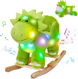 Glow Guards Light up Music Dinosaur Rocking Horse Stuffed Animal Set of 2 with Glowing Singing Dinosaur Plush Toy Wooden Chair Seat Ride on Toys Gift for Ages 1-3 Toddlers Kids Baby (Dinosaur)