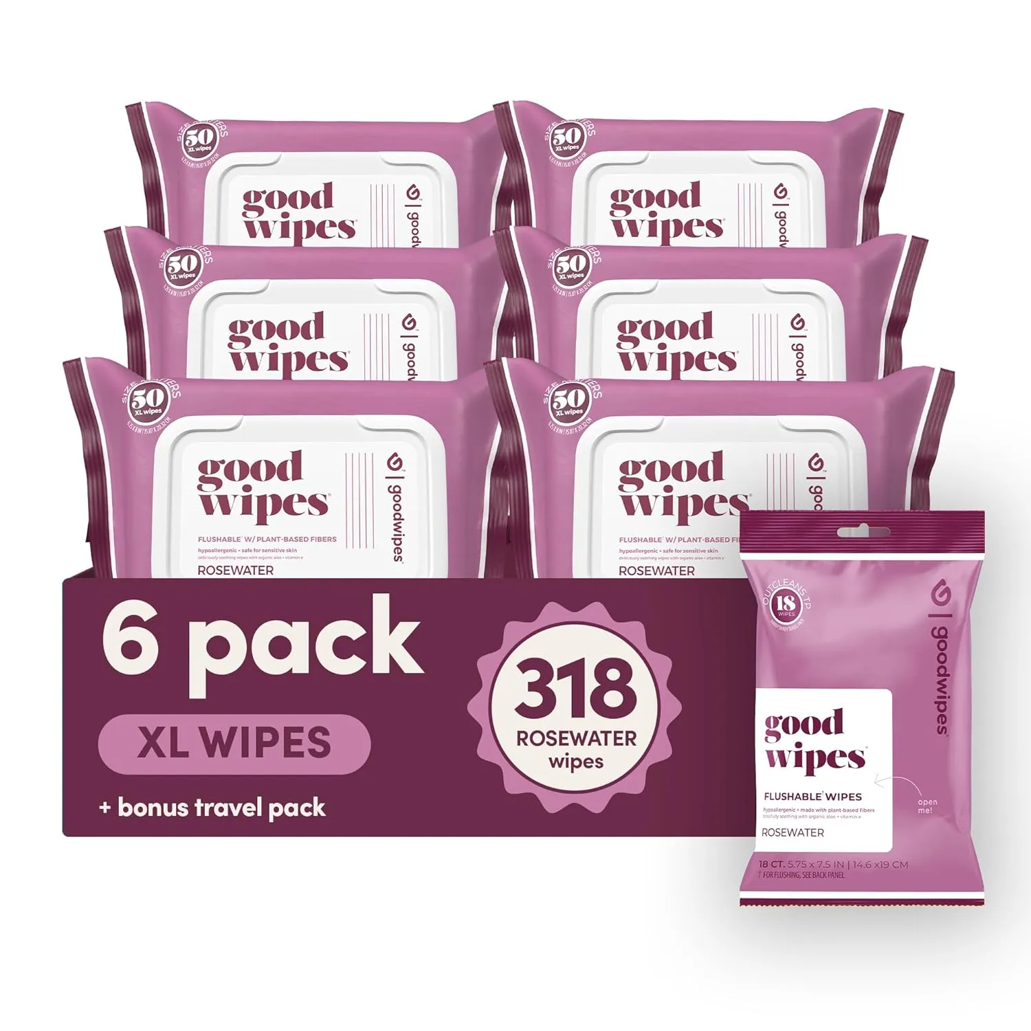 Goodwipes Flushable Butt Wipes - Extra Large Adult Wet Wipes For Women & Men - Sewer & Septic Safe - Made With Vitamin E & Aloe - Bathroom Essentials - Rosewater, 318 Count (6 Packs   1 Travel)