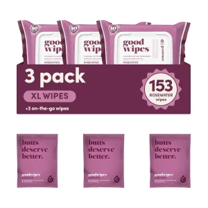 Goodwipes Flushable Butt Wipes - Vitamin E & Aloe - Sewer & Septic Safe - Extra Large Adult Wet Wipes For Women & Men - Bathroom Essentials - Rosewater, 153 Count (3 Packs   3 Individually Wrapped)