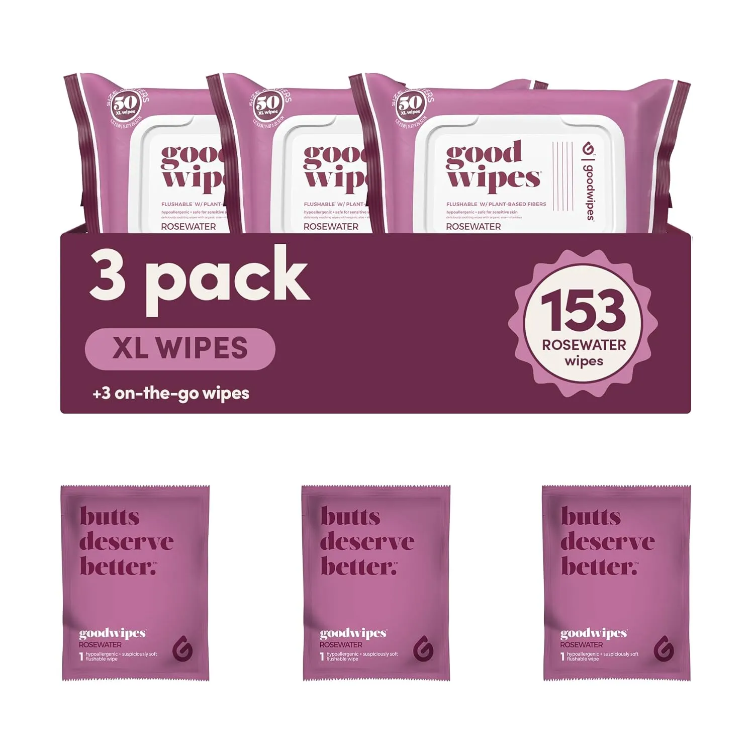 Goodwipes Flushable Butt Wipes - Vitamin E & Aloe - Sewer & Septic Safe - Extra Large Adult Wet Wipes For Women & Men - Bathroom Essentials - Rosewater, 153 Count (3 Packs   3 Individually Wrapped)