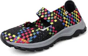 GOSPT Women's Elastic Woven Walking Shoes Mary Jane Flats Slip on Sneakers