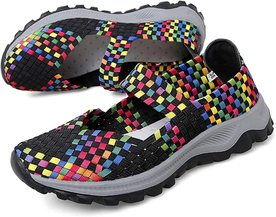 GOSPT Women's Elastic Woven Walking Shoes Mary Jane Flats Slip on Sneakers