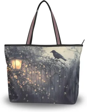 Gothic Crow Women Tote Bag Purse Reusable Grocery Handbag Bags with Zipper Large