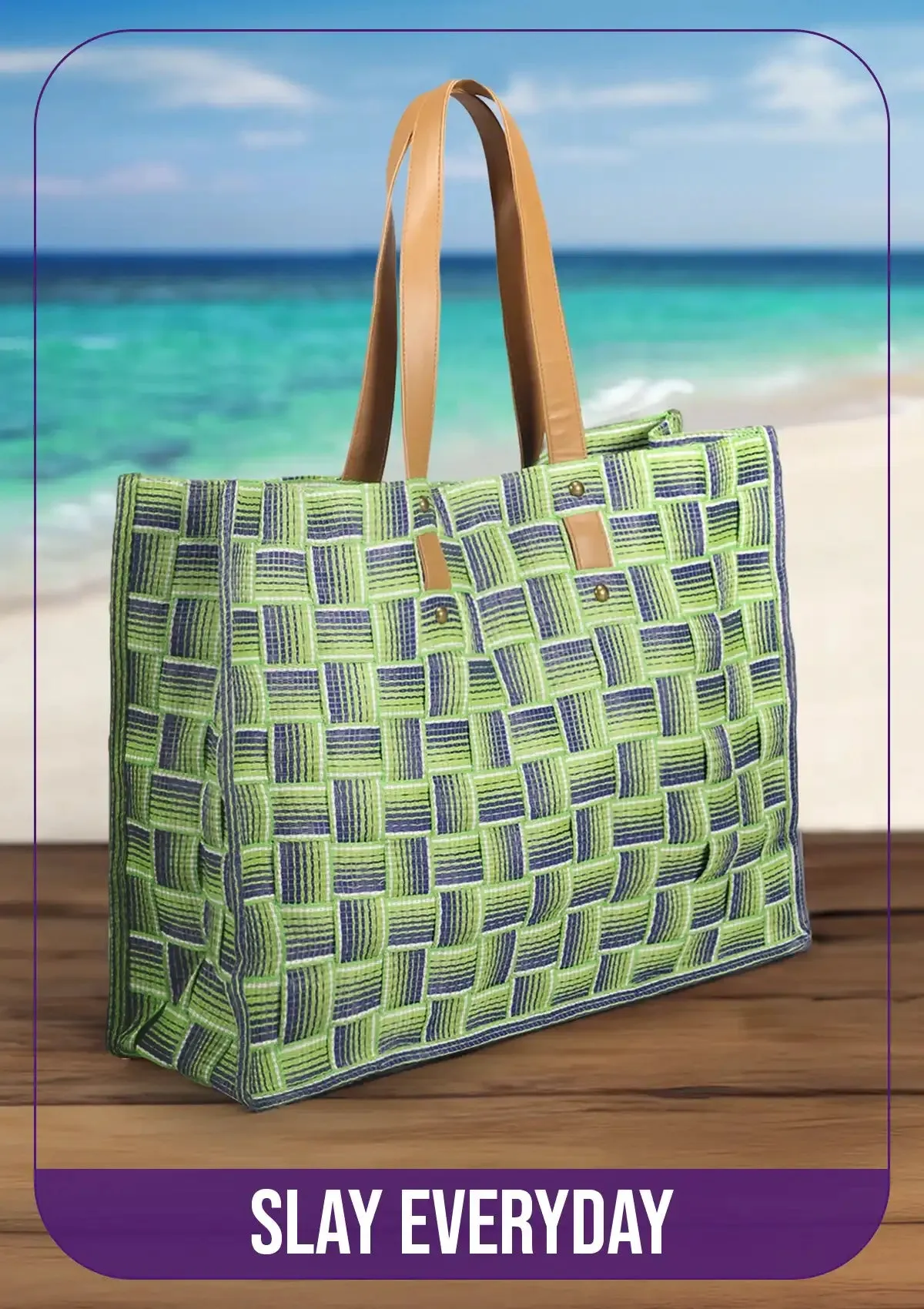 Green Basket Weave Beach Bag