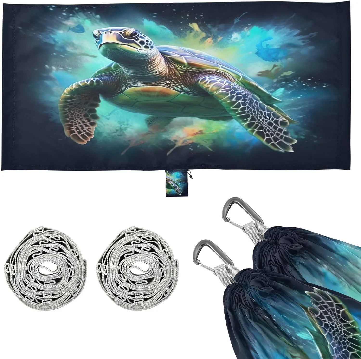 Green Sea Turtle Camping Hammock, Single Portable Hammocks with Tree Straps & Attached Carry Bag, 330Lbs Capacity Perfect for Outside Indoor Hiking Beach Backpack Travel