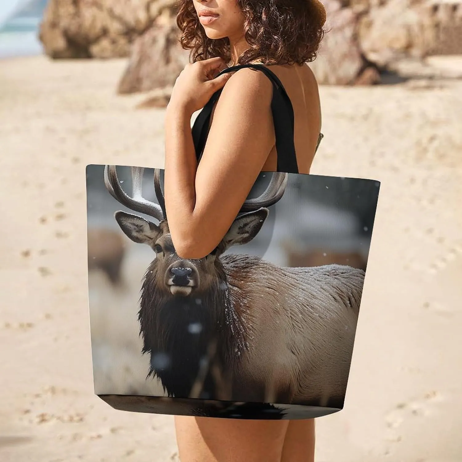 Grocery Bag Reusable Tote Bag Foldable Wild Elk Shopping Bag Handbag Washable Shoulder Bag for Travel