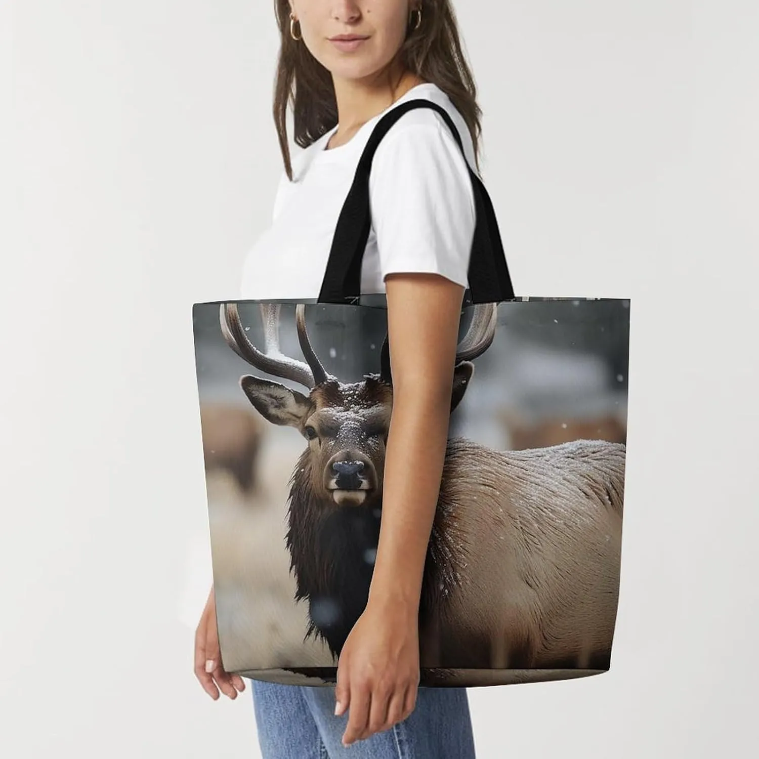 Grocery Bag Reusable Tote Bag Foldable Wild Elk Shopping Bag Handbag Washable Shoulder Bag for Travel