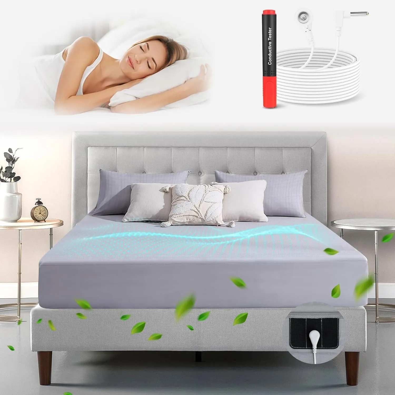 Grounding Sheets 12% Pure Silver Fiber 88% Organic Cotton Superior Earthing Fitted Sheet Earth Connected Bed Sheet with Test Pen and Long Grounding Cord (King 75"x 80"x 15" Elegant Gray)