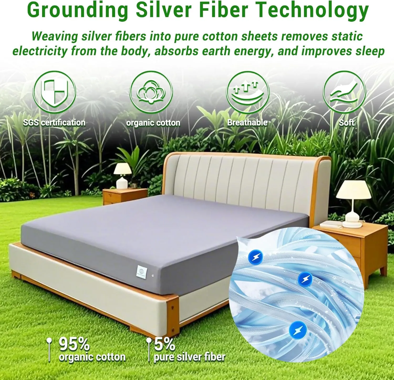 Grounding Sheets King, 95% Organic Cotton   5% Silver Fiber, Grounding Sheets Can Improve Sleep and Sub-Health, Anti-Static Grounding Well Bed Sheets with 15 ft Gounding Wire(Gray,76"x80"x13")
