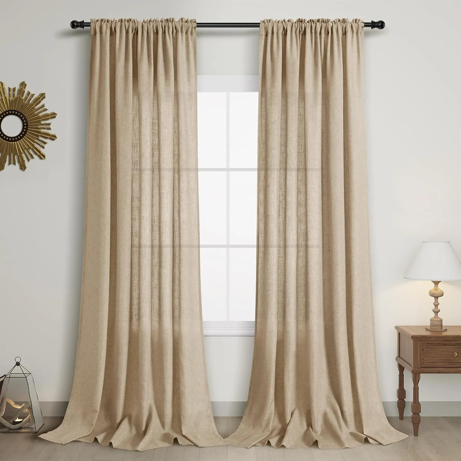Guken Tan Linen Curtains 84 Inch Length for Living Room Bedroom 2 Panels Set Rod Pocket Light Filtering Semi Sheer Window Curtains 52 Inch Width Boho Farmhouse Linen Drapes, W52xL84