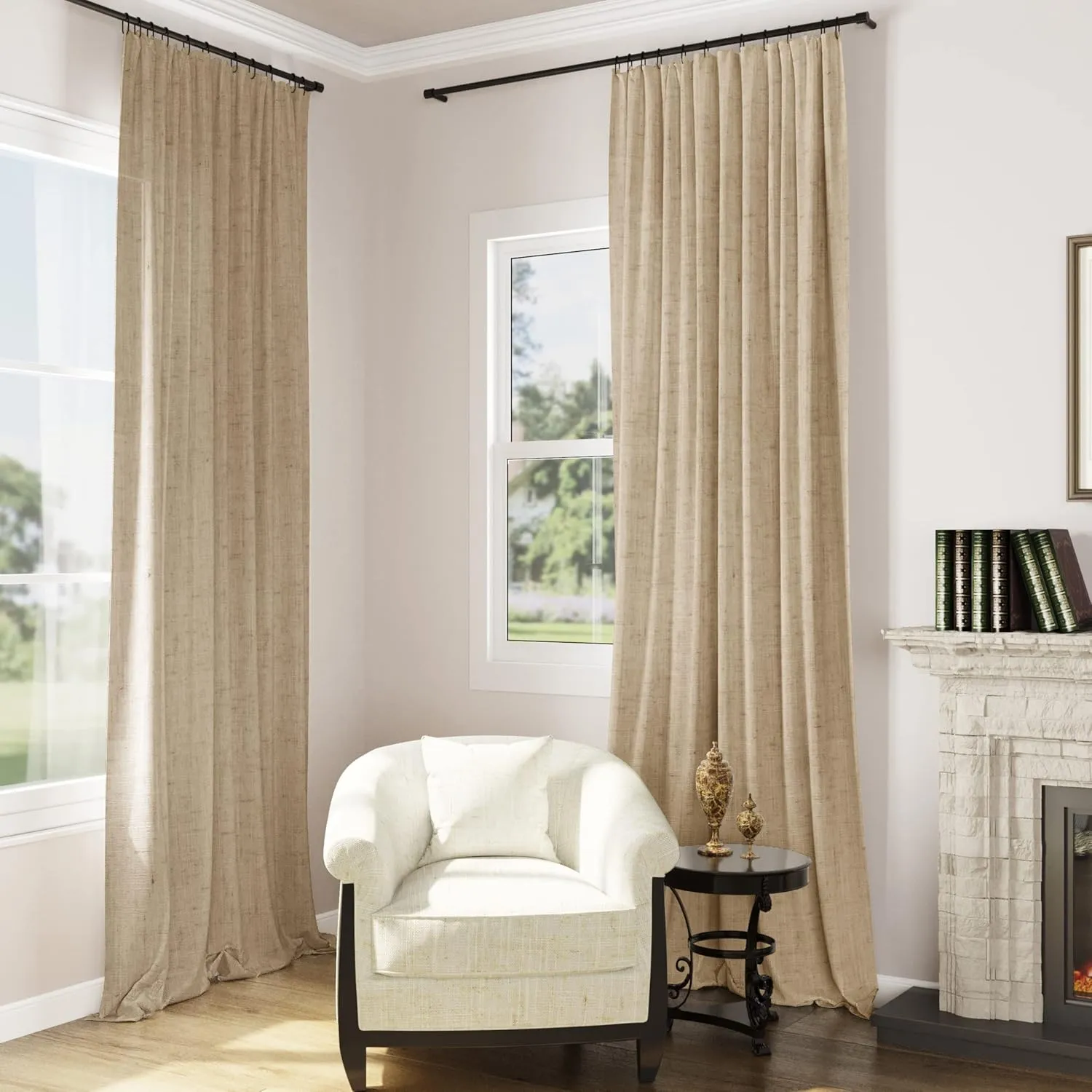 Guken Tan Linen Curtains 84 Inch Length for Living Room Bedroom 2 Panels Set Rod Pocket Light Filtering Semi Sheer Window Curtains 52 Inch Width Boho Farmhouse Linen Drapes, W52xL84