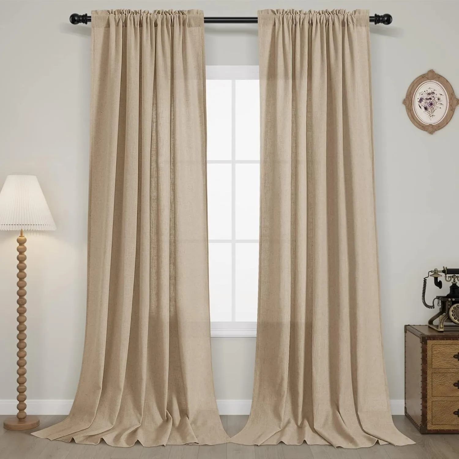 Guken Tan Linen Curtains 84 Inch Length for Living Room Bedroom 2 Panels Set Rod Pocket Light Filtering Semi Sheer Window Curtains 52 Inch Width Boho Farmhouse Linen Drapes, W52xL84