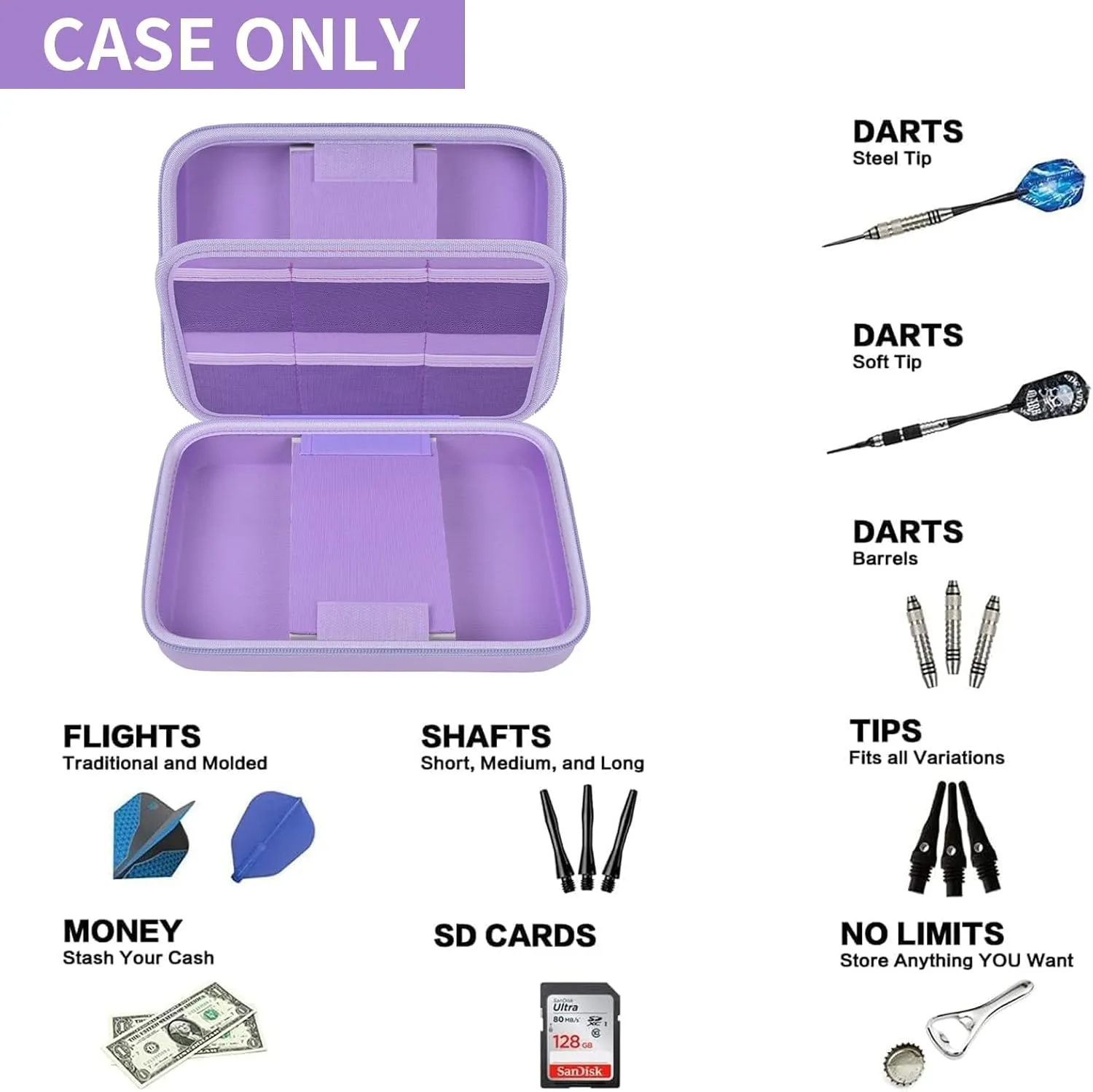 GWCASE Dart Case for 16 Steel and Soft Tip Darts, Carrying Storage Holder Fits for Tips, Shafts, Flights (Box Only)-Purple