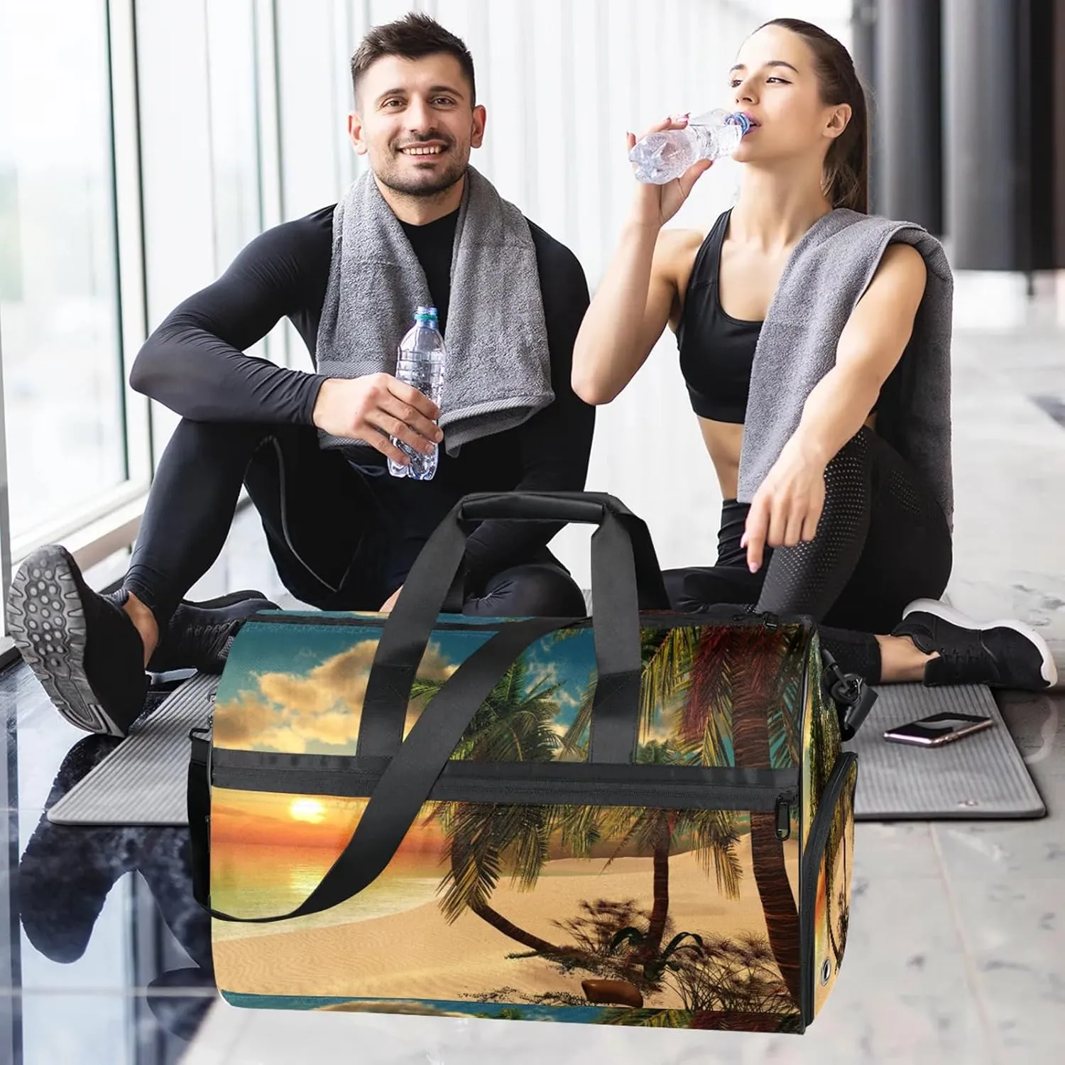 Gym Bag for Women Men Palm Tree Sunset Beach Travel Duffle Bag with Shoe Compartment Waterproof Sports Tote Bags Large Overnight Weekender Bags for Travel Swimming Gym Yoga Dance