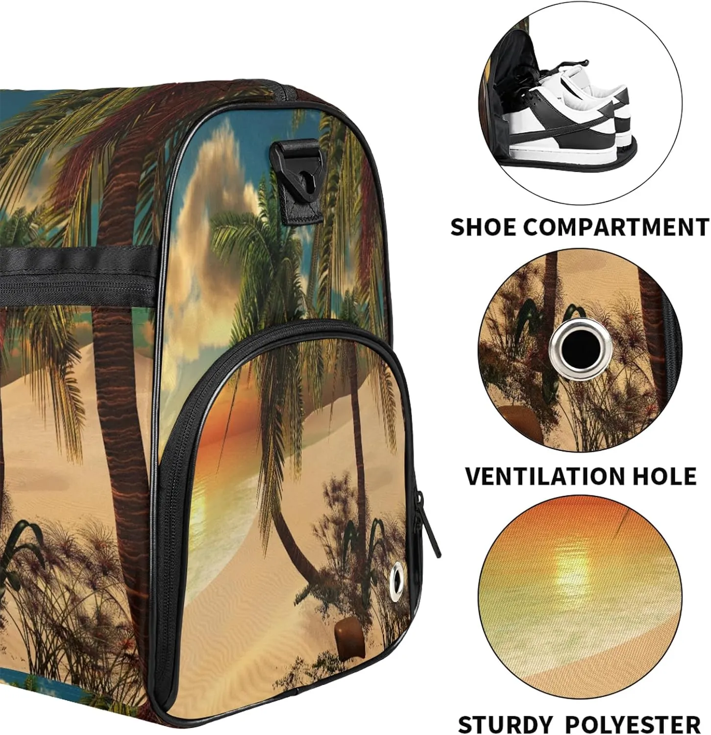 Gym Bag for Women Men Palm Tree Sunset Beach Travel Duffle Bag with Shoe Compartment Waterproof Sports Tote Bags Large Overnight Weekender Bags for Travel Swimming Gym Yoga Dance