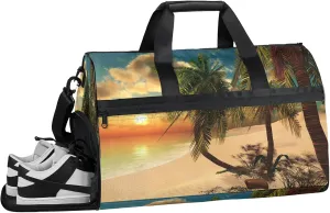 Gym Bag for Women Men Palm Tree Sunset Beach Travel Duffle Bag with Shoe Compartment Waterproof Sports Tote Bags Large Overnight Weekender Bags for Travel Swimming Gym Yoga Dance