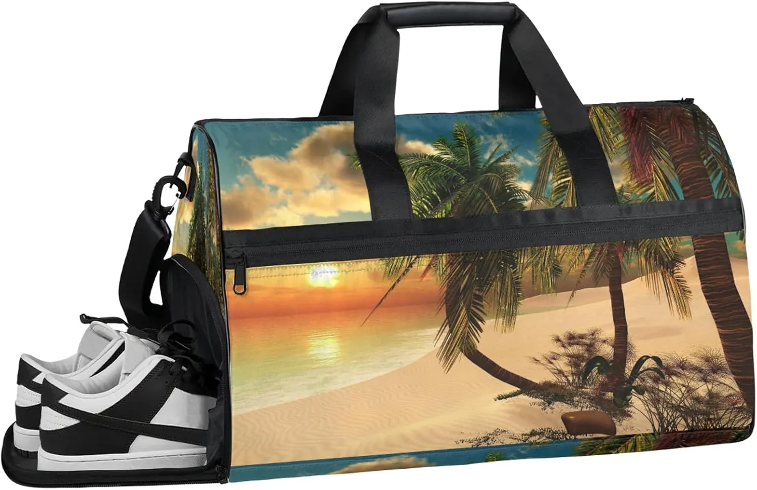 Gym Bag for Women Men Palm Tree Sunset Beach Travel Duffle Bag with Shoe Compartment Waterproof Sports Tote Bags Large Overnight Weekender Bags for Travel Swimming Gym Yoga Dance