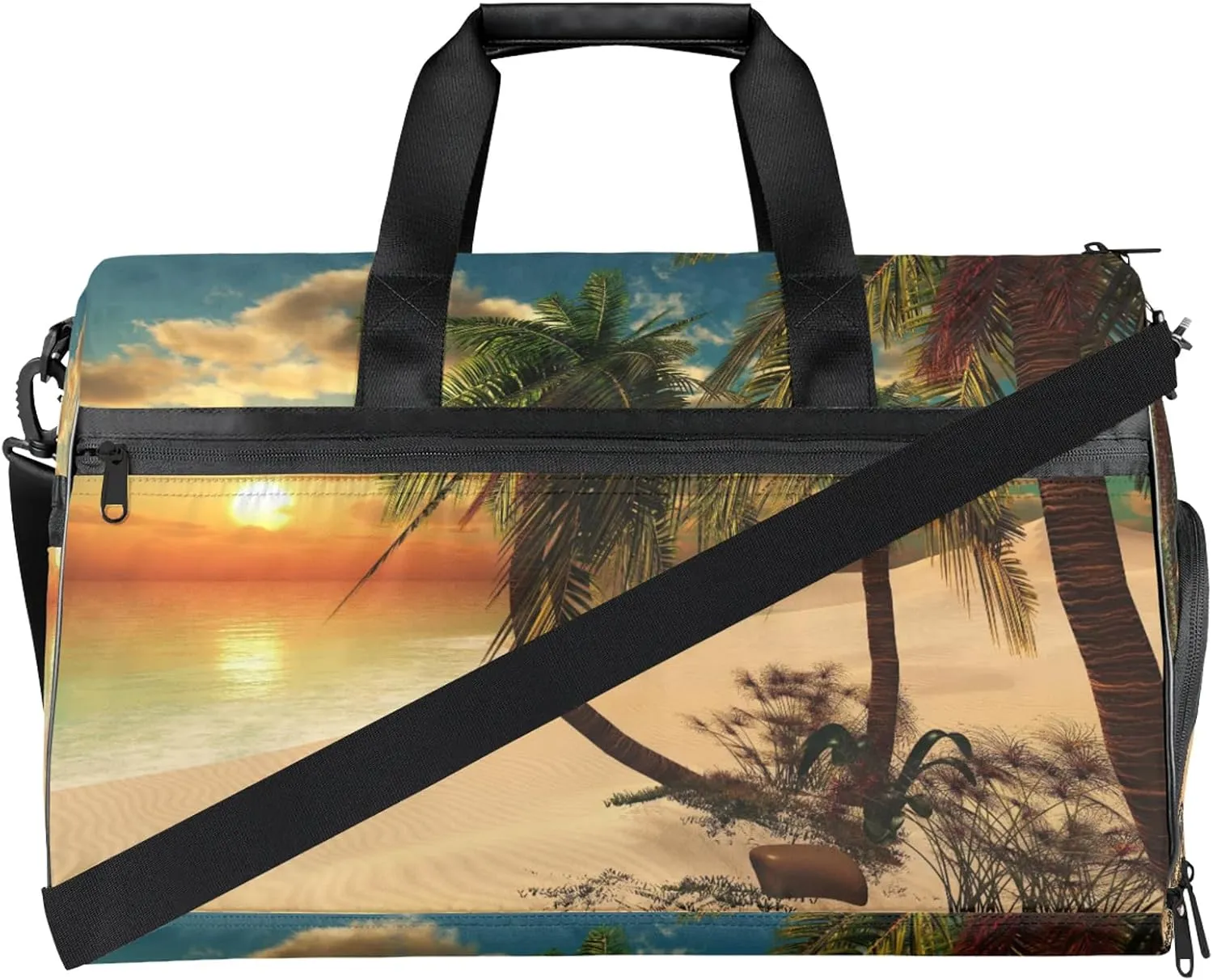 Gym Bag for Women Men Palm Tree Sunset Beach Travel Duffle Bag with Shoe Compartment Waterproof Sports Tote Bags Large Overnight Weekender Bags for Travel Swimming Gym Yoga Dance