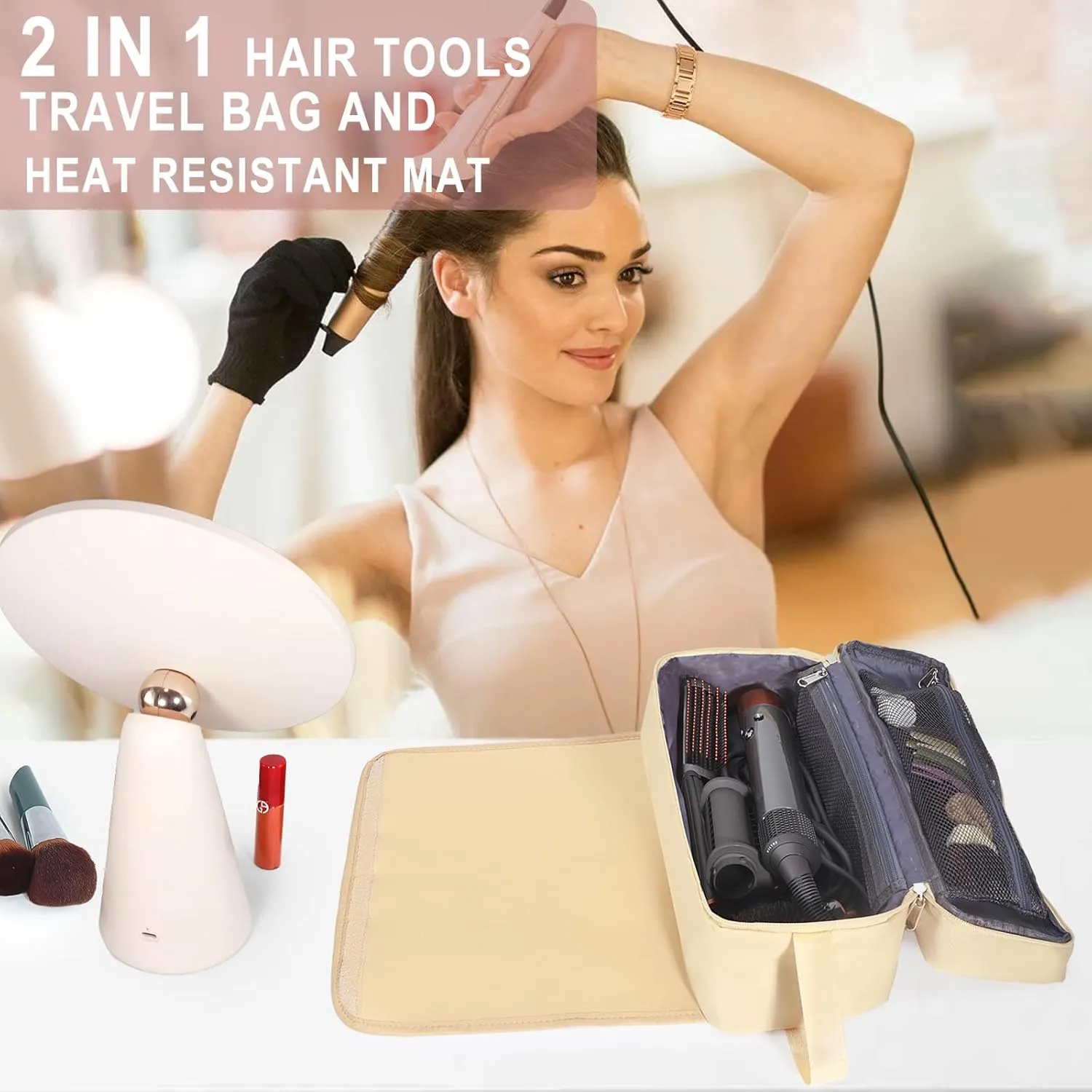 Hair Tools Travel Bag with Heat Resistant Pad, Portable Hair Tools Storage for Hair Straighteners, Curling Iron and Hair Care Accessories, Traveling Essentials for Women