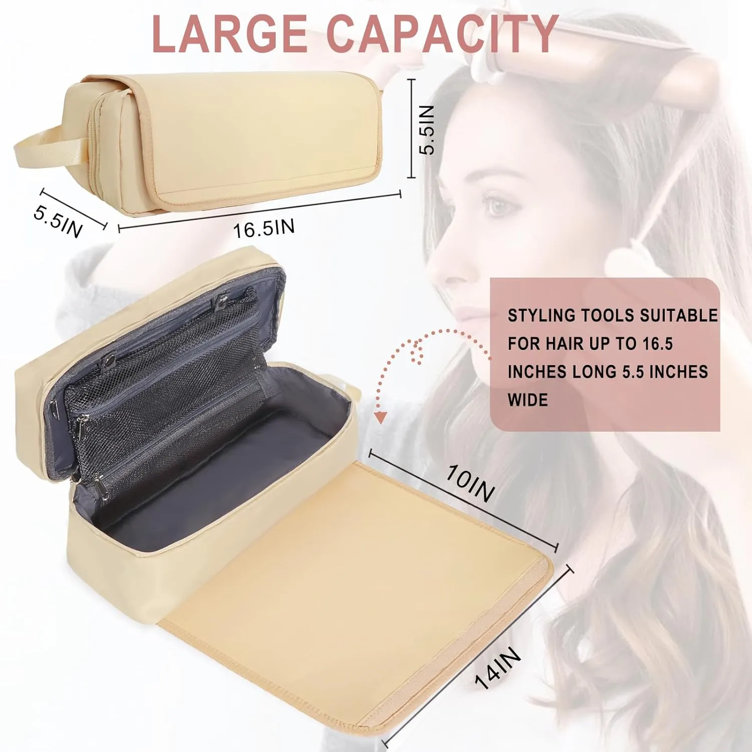 Hair Tools Travel Bag with Heat Resistant Pad, Portable Hair Tools Storage for Hair Straighteners, Curling Iron and Hair Care Accessories, Traveling Essentials for Women