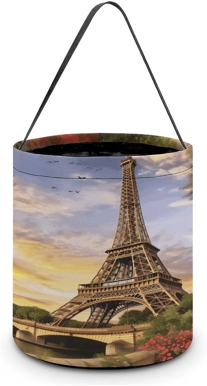 Halloween Candy Bucket,Halloween Trick Or Treat Bags,Eiffel Tower Paris Printed Collapsible Reusable Candy Basket