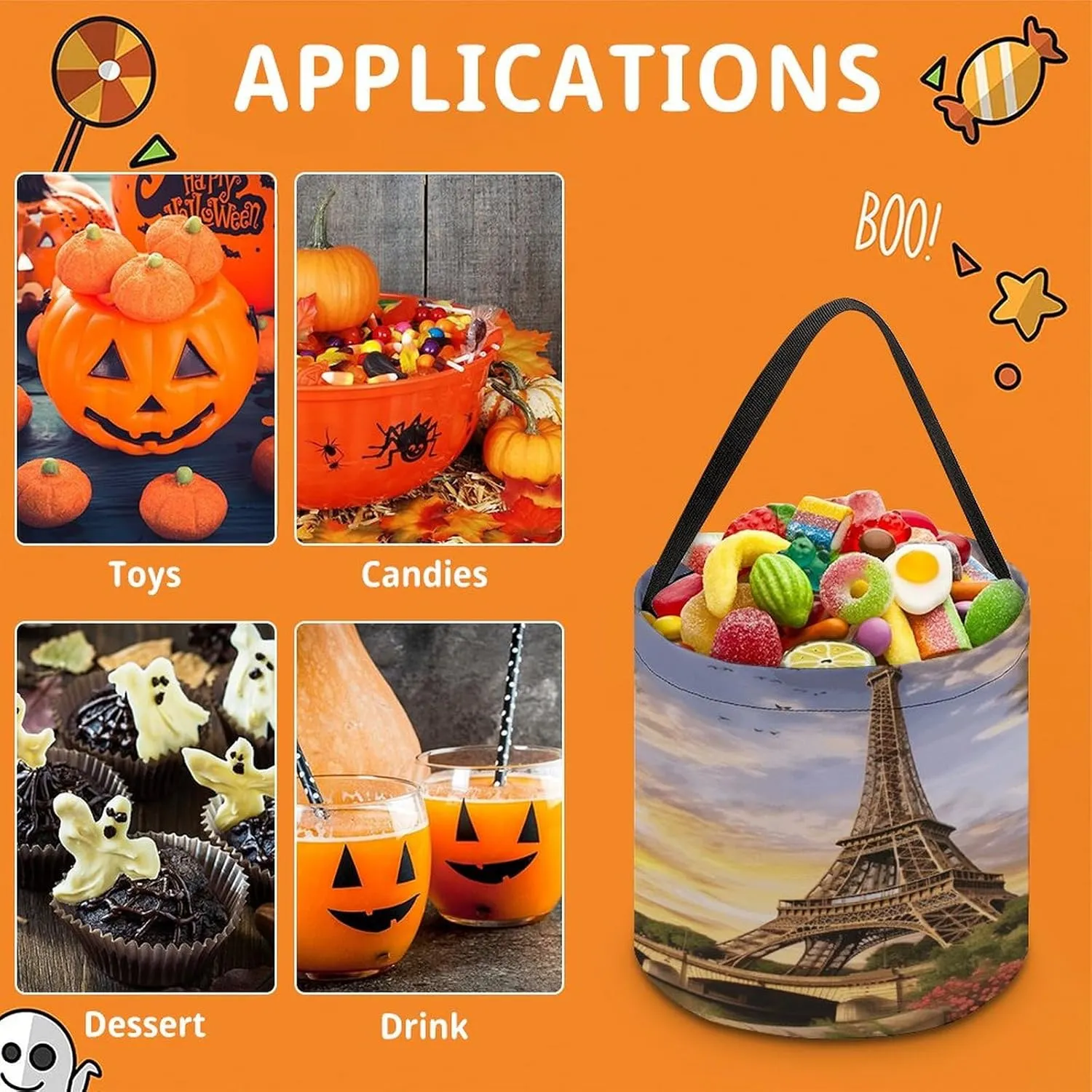 Halloween Candy Bucket,Halloween Trick Or Treat Bags,Eiffel Tower Paris Printed Collapsible Reusable Candy Basket